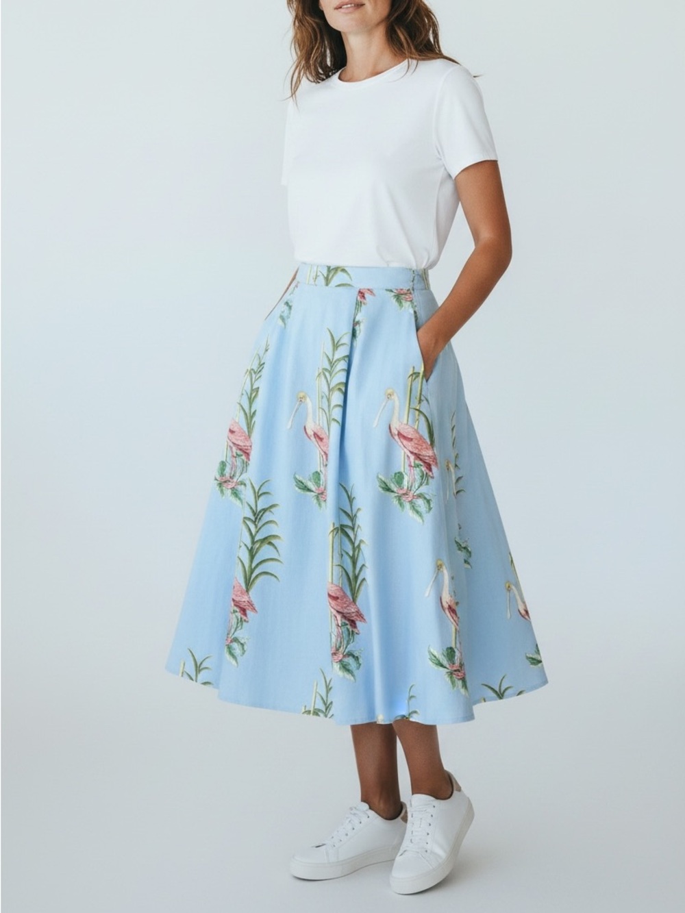 Ann Taylor Flared Skirt Blue Pink Tropical Bird Print Lined Pocket - Picture 12 of 12
